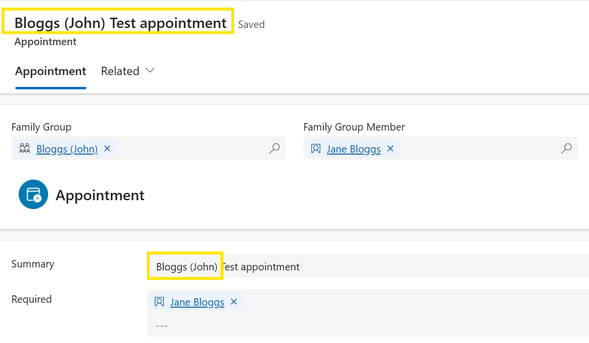 Family Name in Appointment Summary