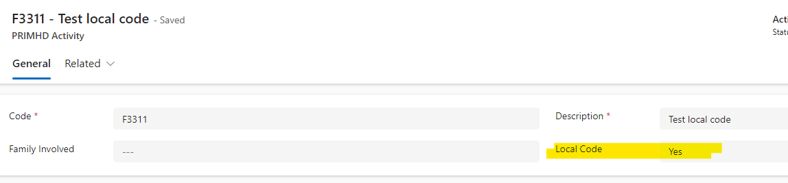 Local Code on PRIMHD Activity Type Code