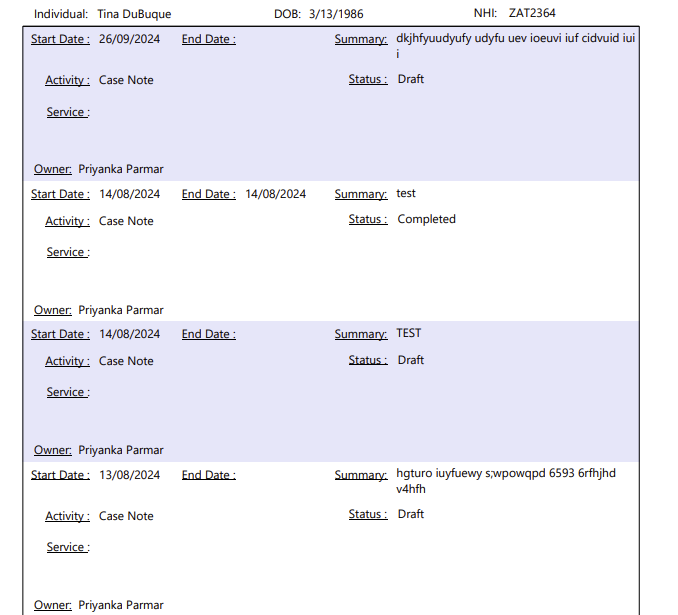 Plan Activity Notes new report