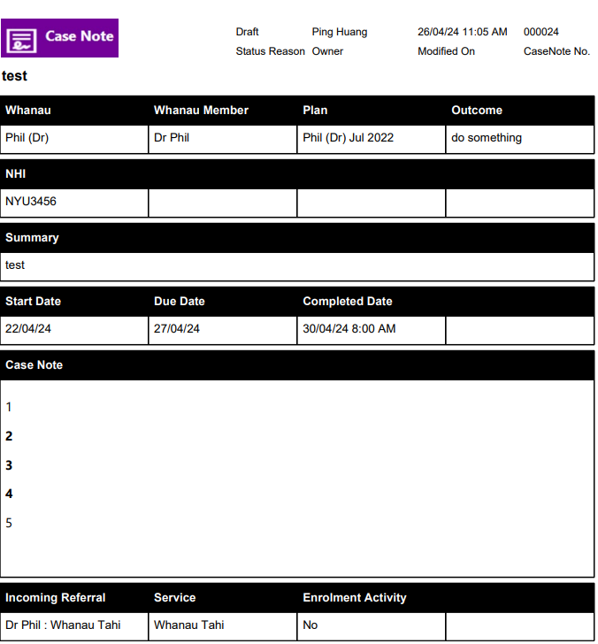 Plan Case Note Report